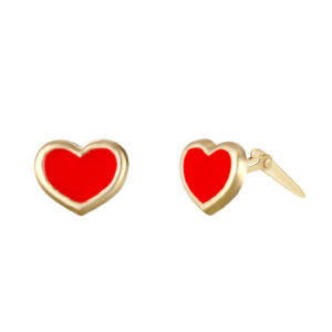 9ct yellow gold red enamel heart stud earrings by Andralok handmade in the UK