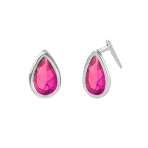 Sterling silver hot pink teardrop crystal stud earrings angled view with andralok hinge