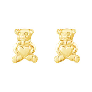 gold teddy bear heart studs in 9ct yellow gold, front view on white background