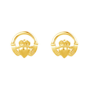 gold claddagh stud earrings in 9ct Yellow Gold shown as a front-facing pair