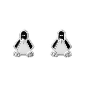 silver penguin enamel studs in sterling silver, front view on white background