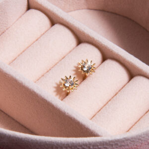 9ct Yellow Gold North Star white crystal stud earrings styled in a blush ring box