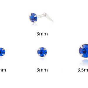 sterling silver blue crystal nose stud size guide showing 2mm, 3mm and 3.5mm options