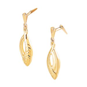 gold openwork drop earrings shown from the side with Andralok hinge fitting visible