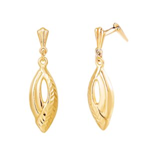 9ct Yellow Gold diamond cut openwork drop earrings in front and angled product view