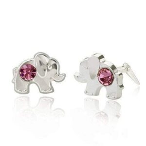 Pink crystal elephant stud earrings angled side view