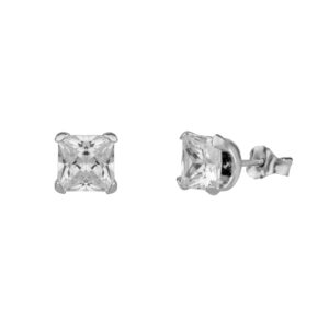 9ct white gold square cubic zirconia stud earrings front and side view