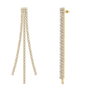 White crystal long strand drop earrings in gold plate